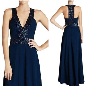 Dress The Population Delani Blue Sequin Trim Gown Maxi Cocktail Dress Women XS